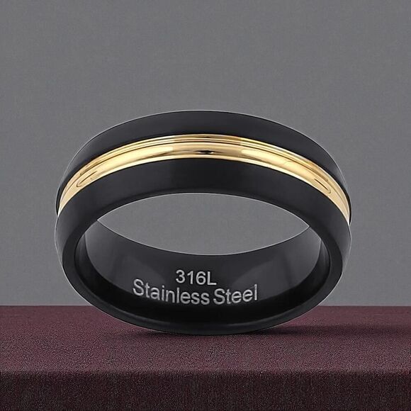 Stainless Steel Men's Black and Yellow Wedding Band - Picture 4 of 4
